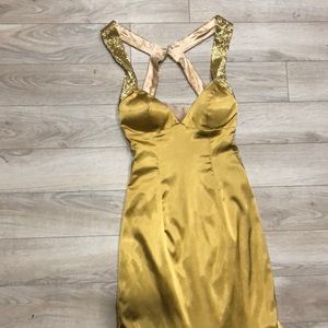 Tiffany designs gold, formal, fitted dress
